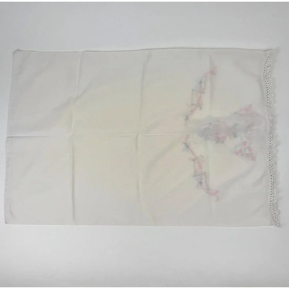 Vintage Hand-Embroidered Pillowcases Crochet Edge Set of 2 Girl with Basket of F